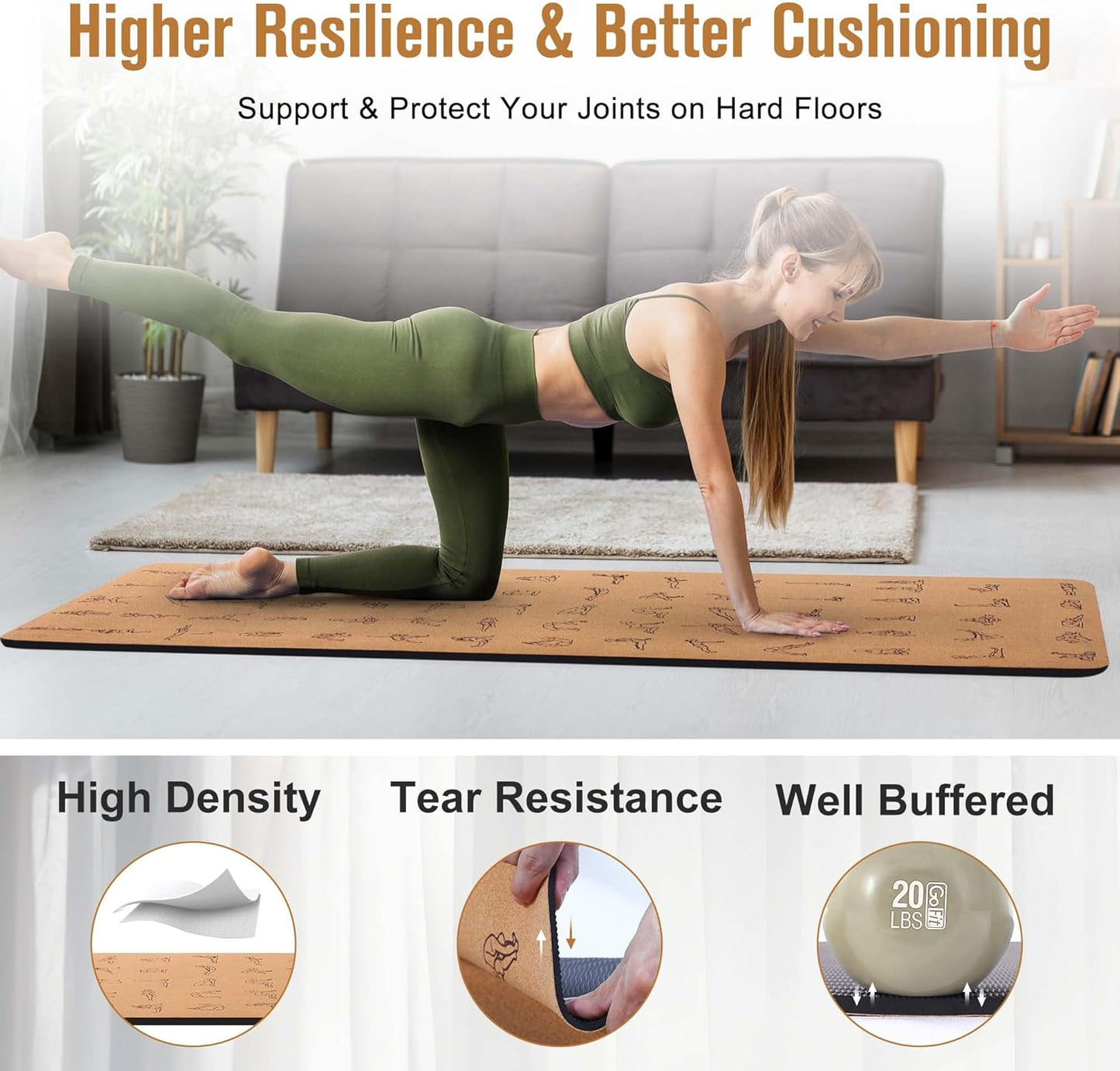 Premium Cork Yoga Mat 1/4 & 2/5 Inch Thick 72 x 26 in | Thick Cork and TPE Non Slip Yoga Mats for Women Men, Sweat Proof Eco-friendly, Great for Hot Yoga & Workouts