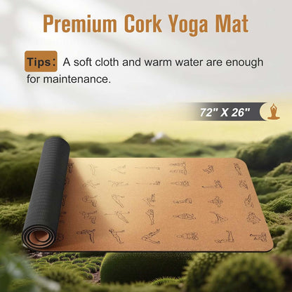Premium Cork Yoga Mat 1/4 & 2/5 Inch Thick 72 x 26 in | Thick Cork and TPE Non Slip Yoga Mats for Women Men, Sweat Proof Eco-friendly, Great for Hot Yoga & Workouts