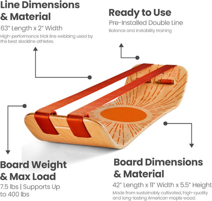 SlackBoard, Balance Board Kids & Adults, Slackline Balance Trainer | 1 & 2 Line Options, Slack Board, Core Workout Equipment, Home Gym Training, Standing Desk Exercise, Yoga, Agility, Pilates