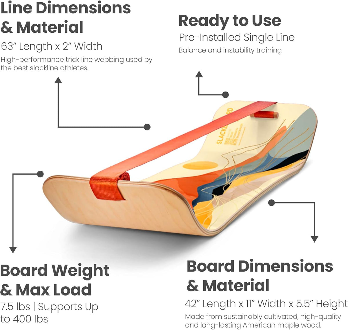 SlackBoard, Balance Board Kids & Adults, Slackline Balance Trainer | 1 & 2 Line Options, Slack Board, Core Workout Equipment, Home Gym Training, Standing Desk Exercise, Yoga, Agility, Pilates