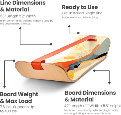 SlackBoard, Balance Board Kids & Adults, Slackline Balance Trainer | 1 & 2 Line Options, Slack Board, Core Workout Equipment, Home Gym Training, Standing Desk Exercise, Yoga, Agility, Pilates