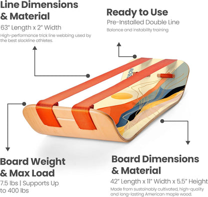 SlackBoard, Balance Board Kids & Adults, Slackline Balance Trainer | 1 & 2 Line Options, Slack Board, Core Workout Equipment, Home Gym Training, Standing Desk Exercise, Yoga, Agility, Pilates