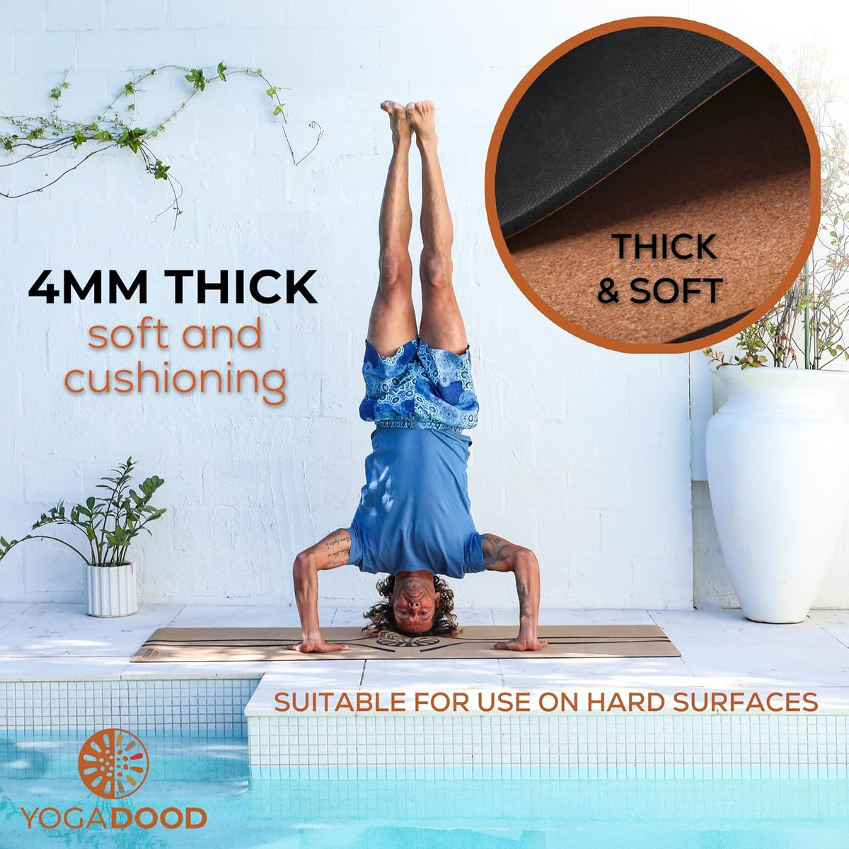 Cork Yoga Mat Thick 4mm - Natural Yoga Mat Non Toxic (72"x26") - Moisture-Activated Grip for Men's Practice