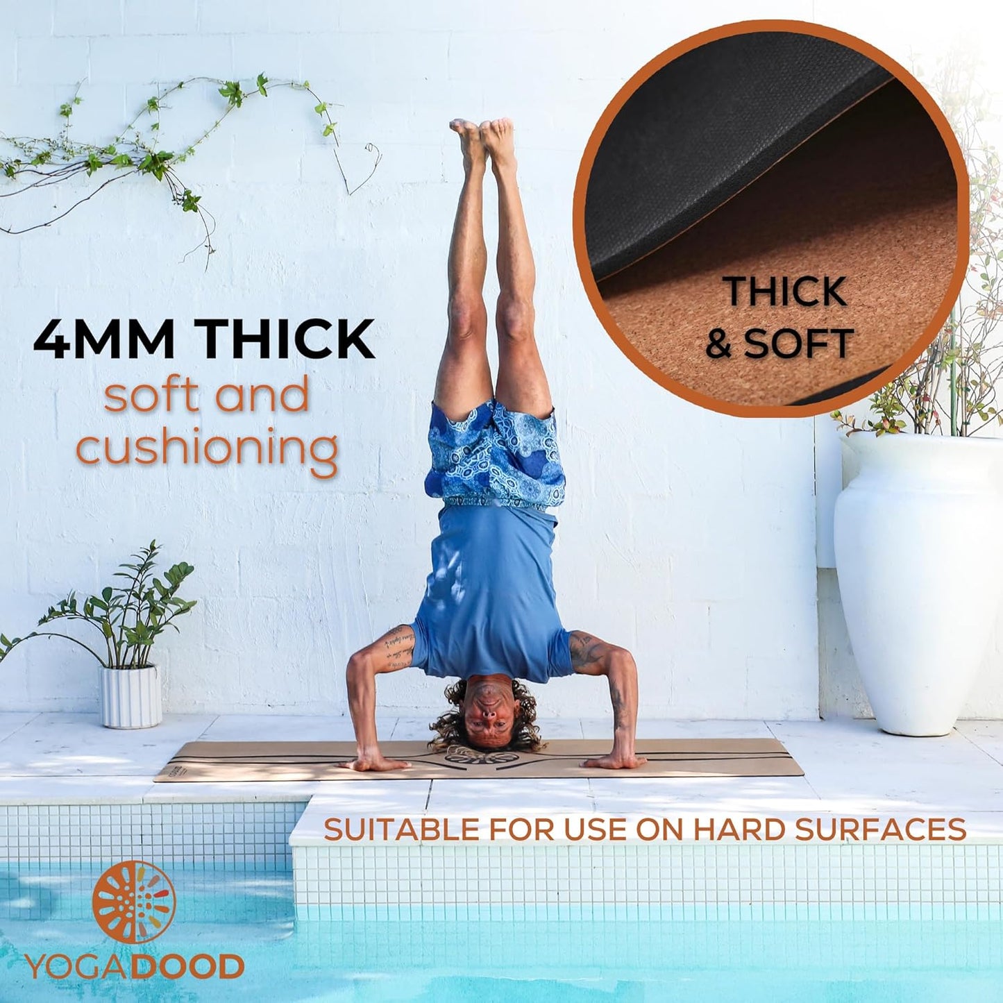 Cork Yoga Mat Thick 4mm - Natural Yoga Mat Non Toxic (72"x26") - Moisture-Activated Grip for Men's Practice
