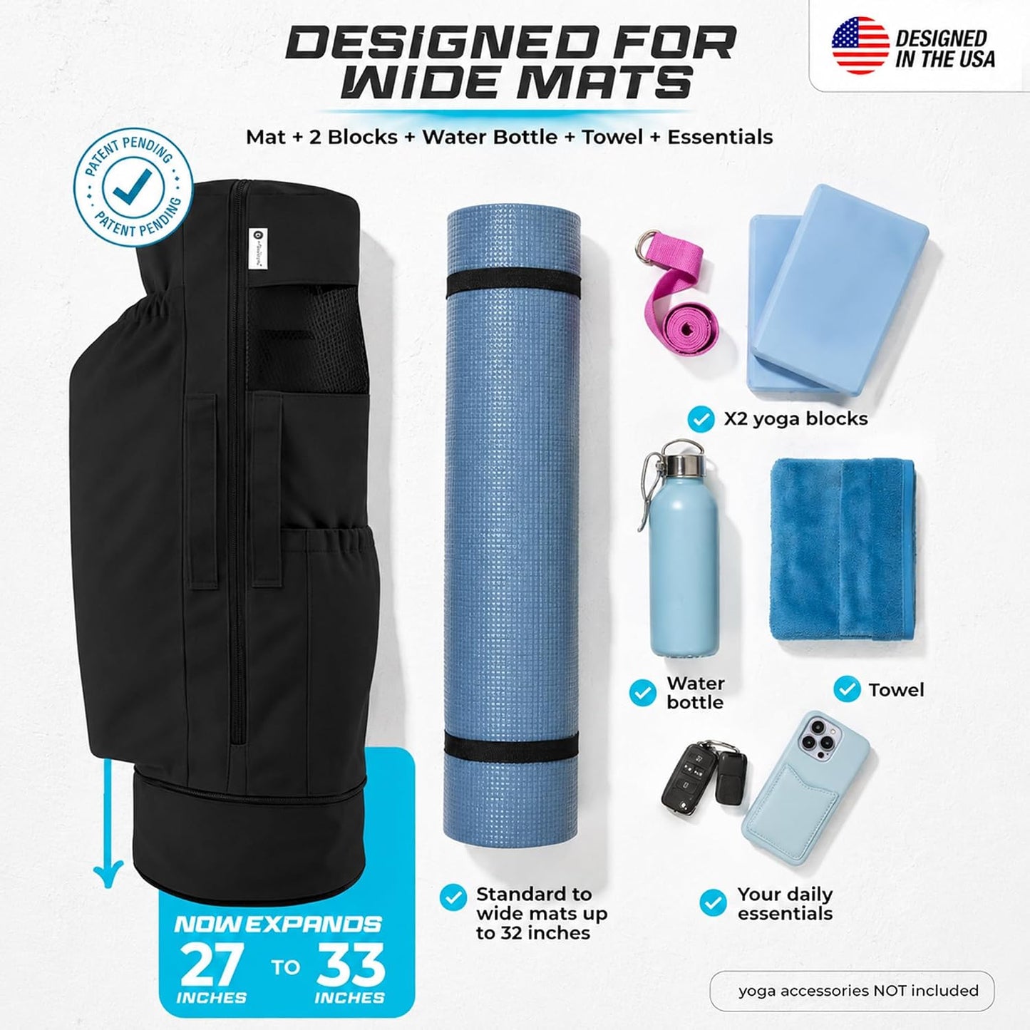Yoga Mat Bag - for Women and Men, Yoga Bag with Pockets and Adjustable Strap, Yoga Mat Carrier, Fits Mats Blocks and Yoga Accessories for Workouts, (32" L)