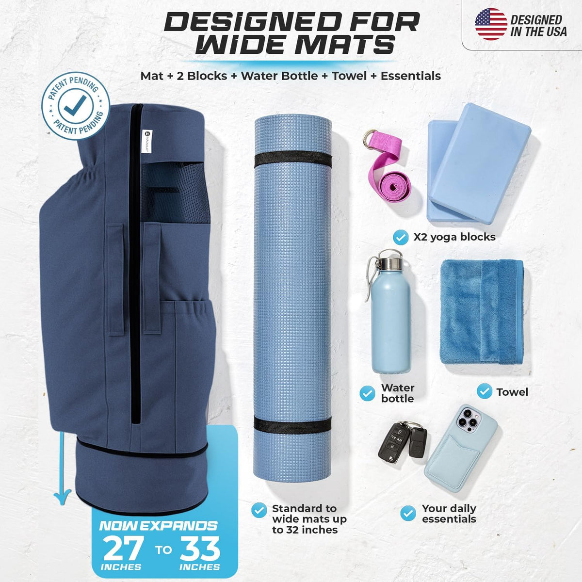 Yoga Mat Bag - for Women and Men, Yoga Bag with Pockets and Adjustable Strap, Yoga Mat Carrier, Fits Mats Blocks and Yoga Accessories for Workouts, (32" L)
