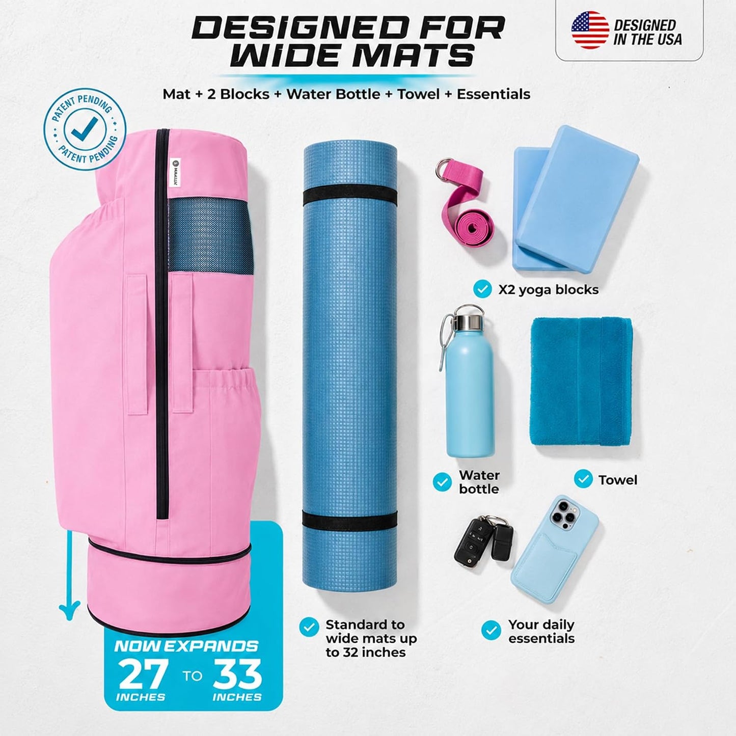 Yoga Mat Bag - for Women and Men, Yoga Bag with Pockets and Adjustable Strap, Yoga Mat Carrier, Fits Mats Blocks and Yoga Accessories for Workouts, (32" L)