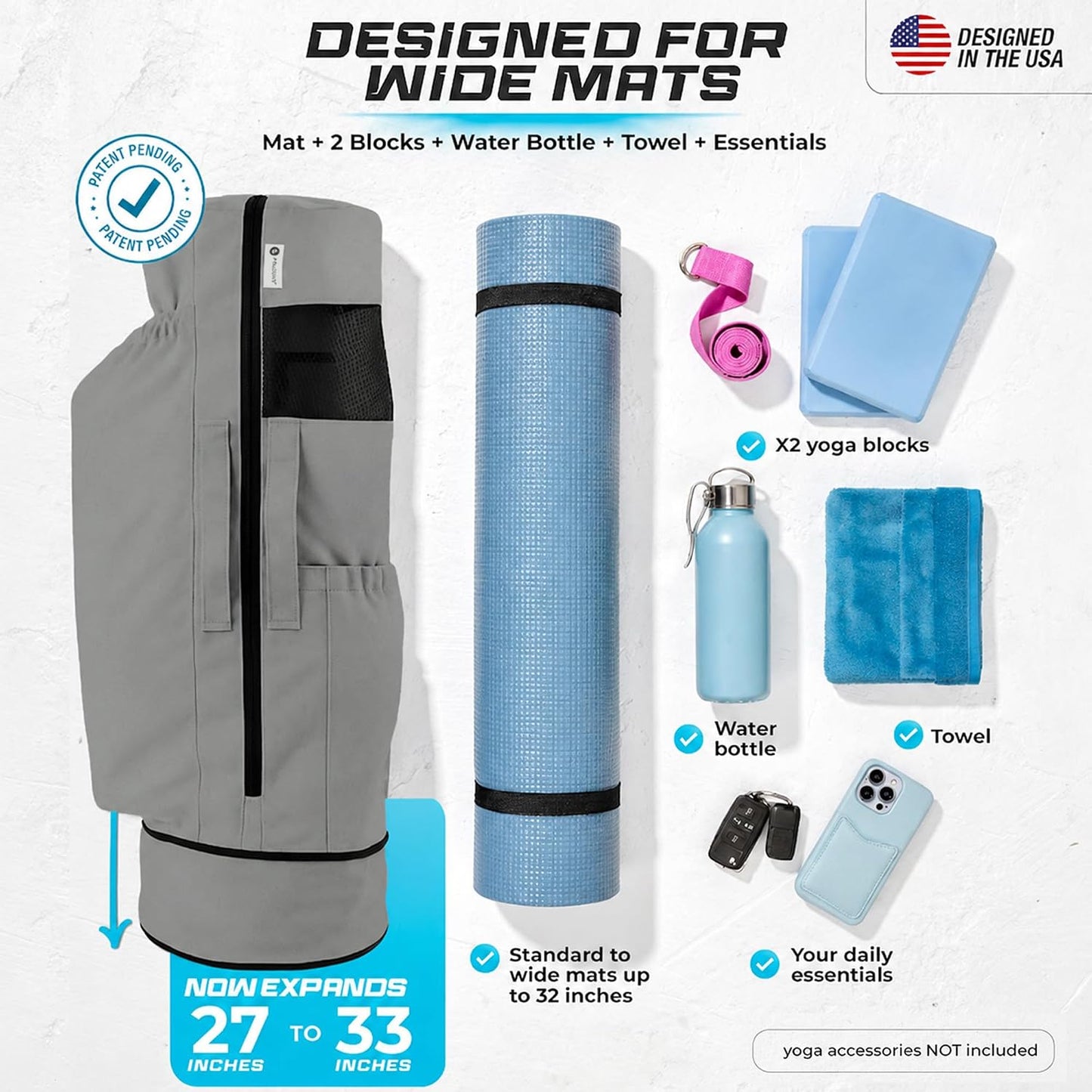 Yoga Mat Bag - for Women and Men, Yoga Bag with Pockets and Adjustable Strap, Yoga Mat Carrier, Fits Mats Blocks and Yoga Accessories for Workouts, (32" L)