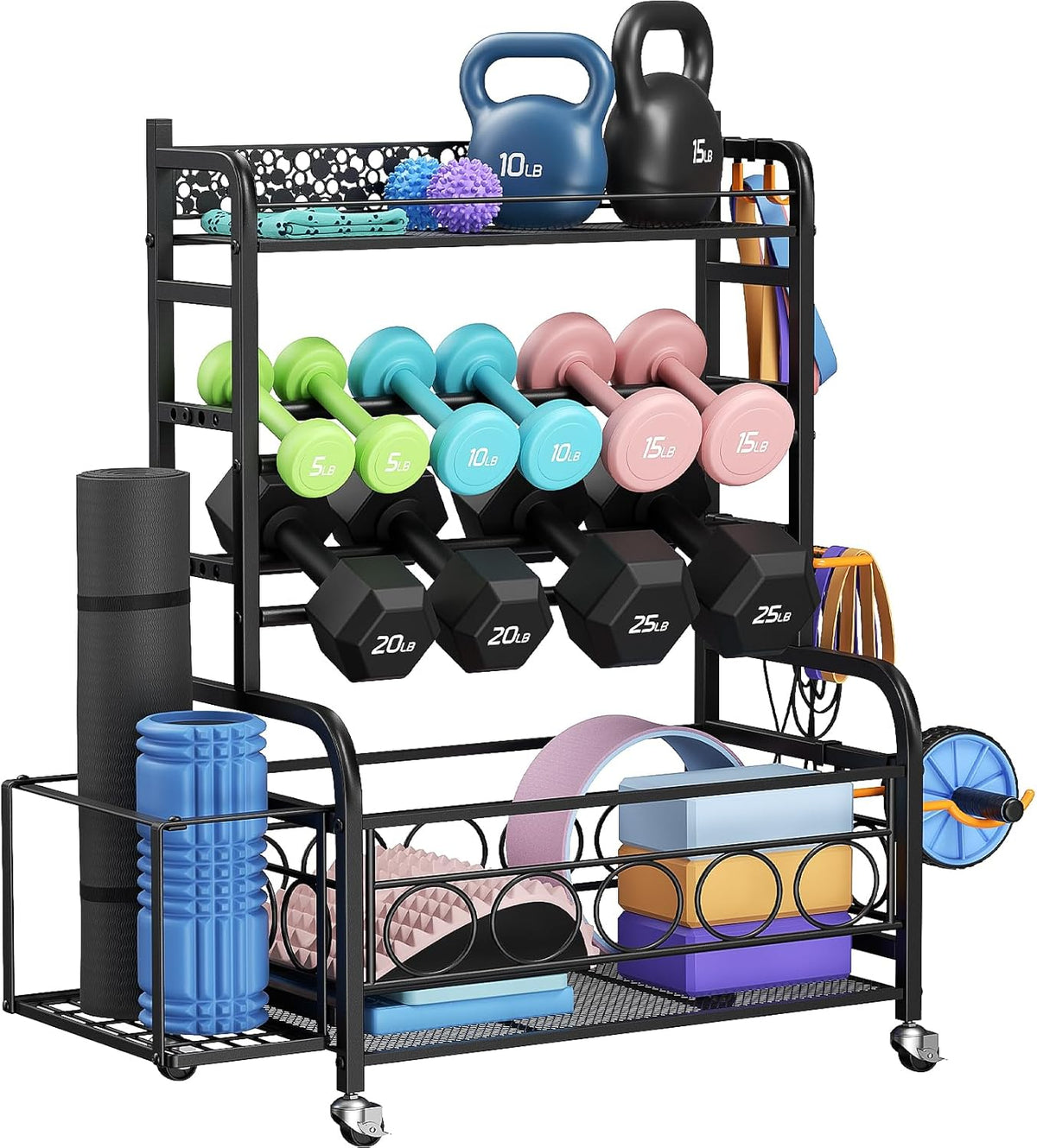 Dumbbell Rack, Adjustable Weight Rack for Home Gym, Home Gym Storage Rack for Yoga Mat Kettlebells and Strength Training Equipment, Weight Storage Rack for Dumbbells with Wheels