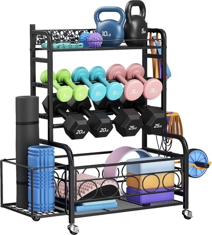 Dumbbell Rack, Adjustable Weight Rack for Home Gym, Home Gym Storage Rack for Yoga Mat Kettlebells and Strength Training Equipment, Weight Storage Rack for Dumbbells with Wheels