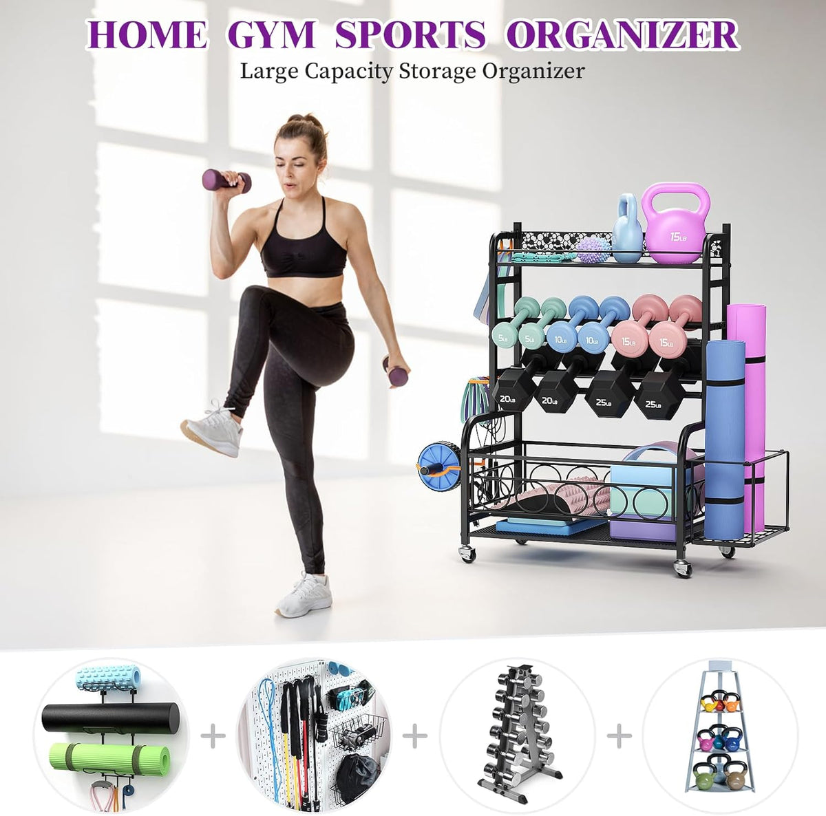 Dumbbell Rack, Adjustable Weight Rack for Home Gym, Home Gym Storage Rack for Yoga Mat Kettlebells and Strength Training Equipment, Weight Storage Rack for Dumbbells with Wheels