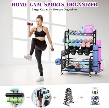 Dumbbell Rack, Adjustable Weight Rack for Home Gym, Home Gym Storage Rack for Yoga Mat Kettlebells and Strength Training Equipment, Weight Storage Rack for Dumbbells with Wheels