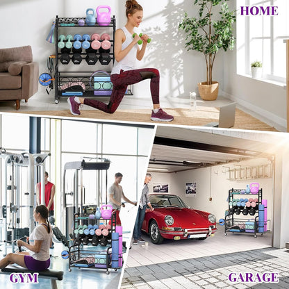 Dumbbell Rack, Adjustable Weight Rack for Home Gym, Home Gym Storage Rack for Yoga Mat Kettlebells and Strength Training Equipment, Weight Storage Rack for Dumbbells with Wheels