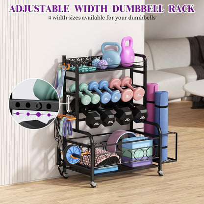 Dumbbell Rack, Adjustable Weight Rack for Home Gym, Home Gym Storage Rack for Yoga Mat Kettlebells and Strength Training Equipment, Weight Storage Rack for Dumbbells with Wheels