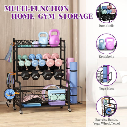 Dumbbell Rack, Adjustable Weight Rack for Home Gym, Home Gym Storage Rack for Yoga Mat Kettlebells and Strength Training Equipment, Weight Storage Rack for Dumbbells with Wheels