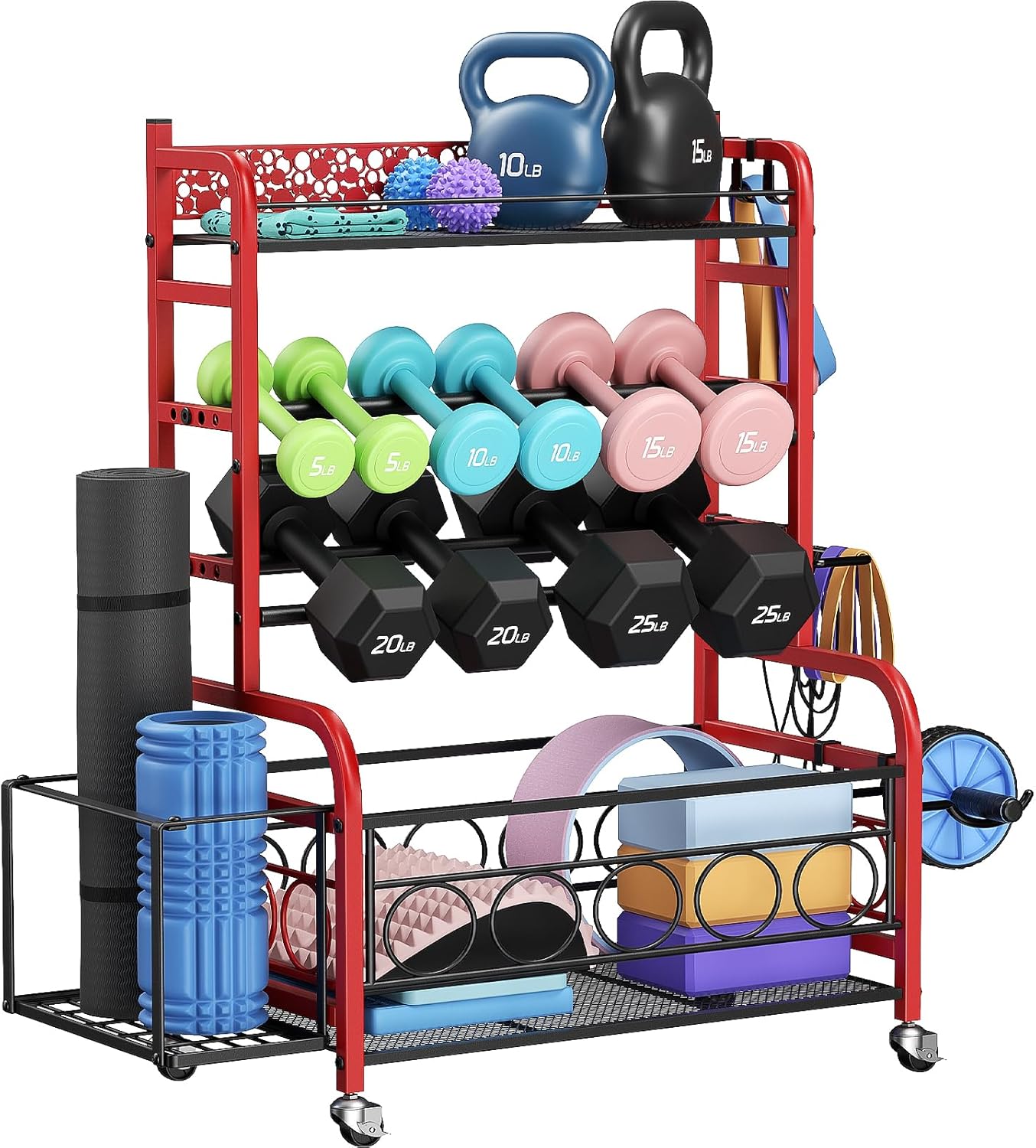 Dumbbell Rack, Adjustable Weight Rack for Home Gym, Home Gym Storage Rack for Yoga Mat Kettlebells and Strength Training Equipment, Weight Storage Rack for Dumbbells with Wheels