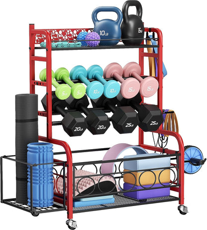 Dumbbell Rack, Adjustable Weight Rack for Home Gym, Home Gym Storage Rack for Yoga Mat Kettlebells and Strength Training Equipment, Weight Storage Rack for Dumbbells with Wheels