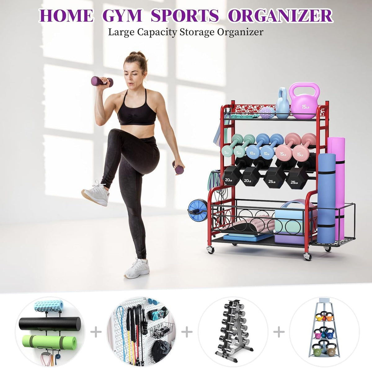 Dumbbell Rack, Adjustable Weight Rack for Home Gym, Home Gym Storage Rack for Yoga Mat Kettlebells and Strength Training Equipment, Weight Storage Rack for Dumbbells with Wheels