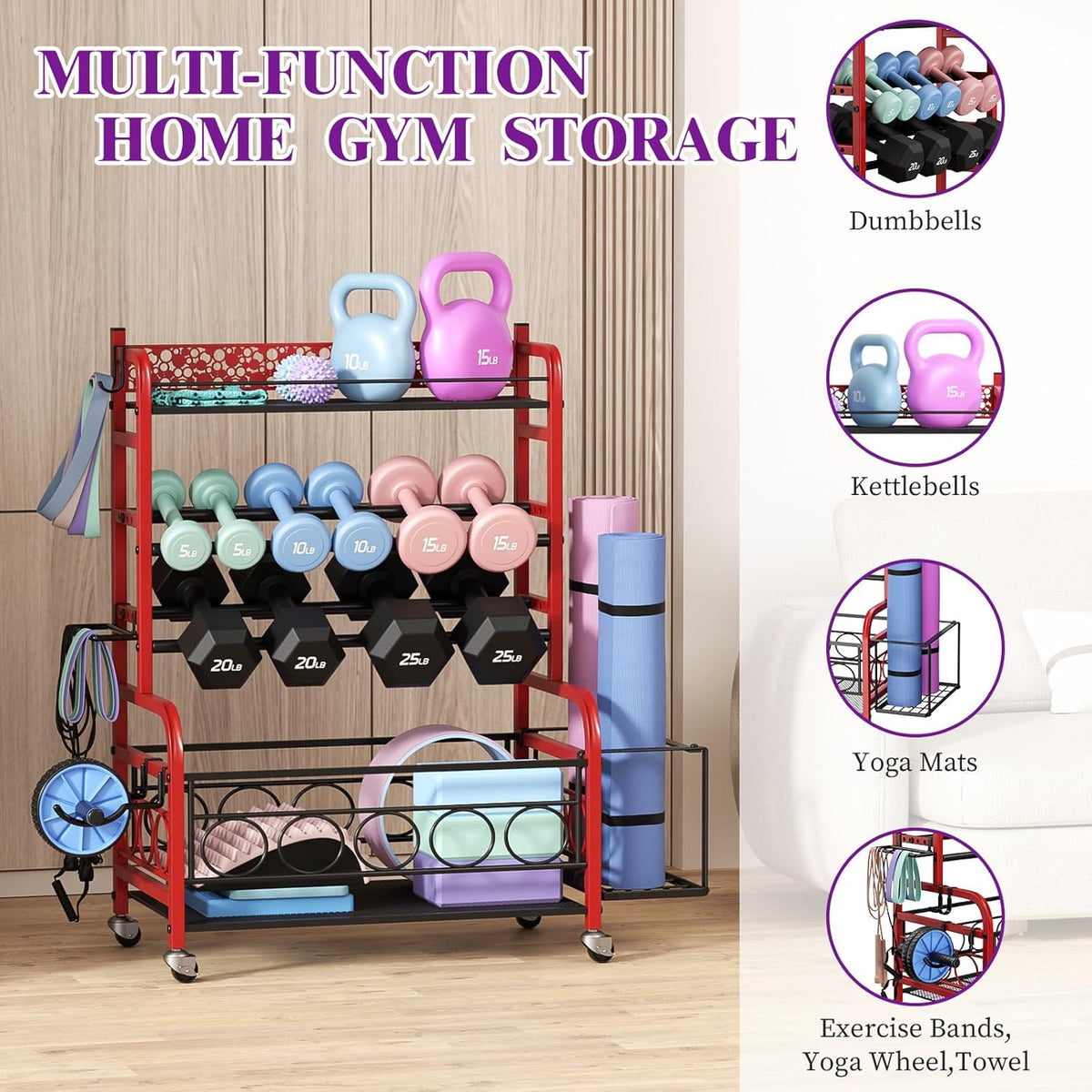 Dumbbell Rack, Adjustable Weight Rack for Home Gym, Home Gym Storage Rack for Yoga Mat Kettlebells and Strength Training Equipment, Weight Storage Rack for Dumbbells with Wheels