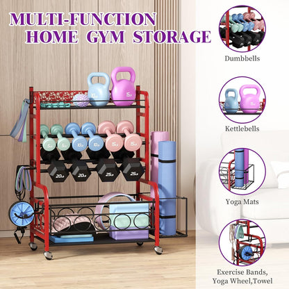 Dumbbell Rack, Adjustable Weight Rack for Home Gym, Home Gym Storage Rack for Yoga Mat Kettlebells and Strength Training Equipment, Weight Storage Rack for Dumbbells with Wheels