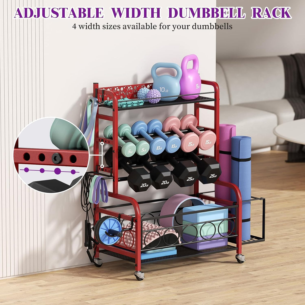 Dumbbell Rack, Adjustable Weight Rack for Home Gym, Home Gym Storage Rack for Yoga Mat Kettlebells and Strength Training Equipment, Weight Storage Rack for Dumbbells with Wheels