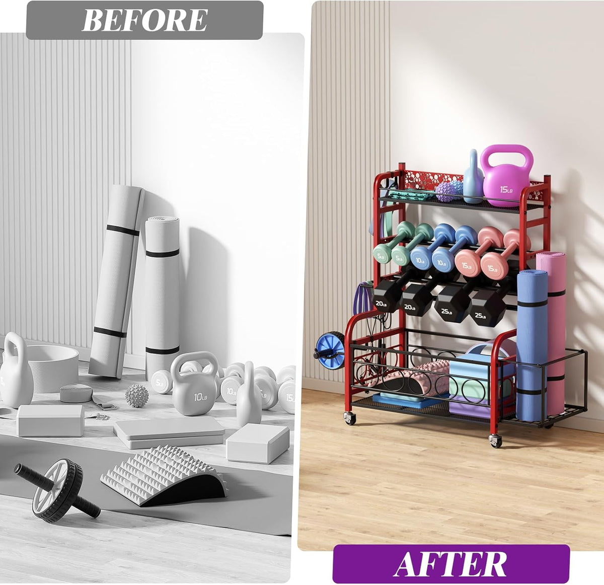 Dumbbell Rack, Adjustable Weight Rack for Home Gym, Home Gym Storage Rack for Yoga Mat Kettlebells and Strength Training Equipment, Weight Storage Rack for Dumbbells with Wheels