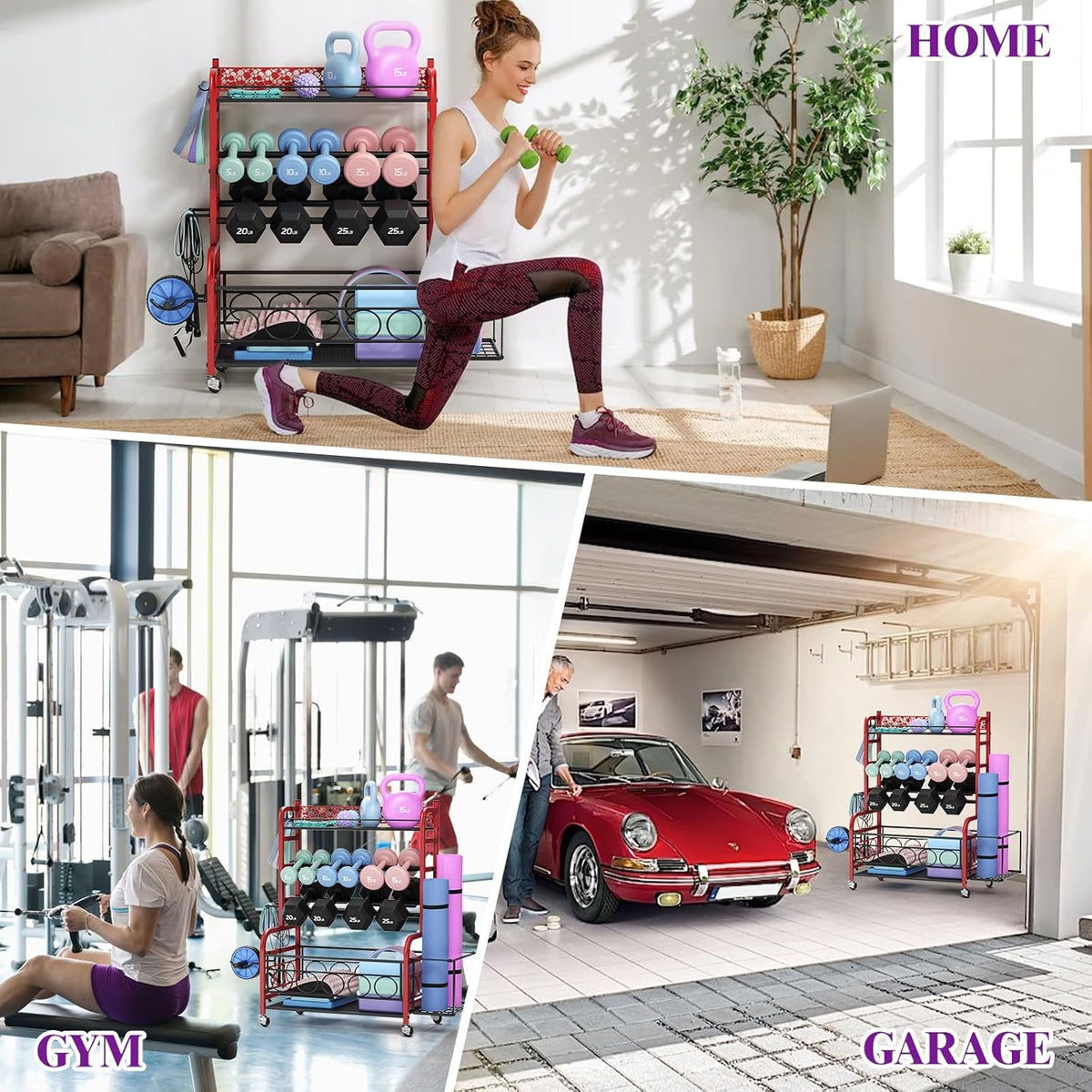 Dumbbell Rack, Adjustable Weight Rack for Home Gym, Home Gym Storage Rack for Yoga Mat Kettlebells and Strength Training Equipment, Weight Storage Rack for Dumbbells with Wheels