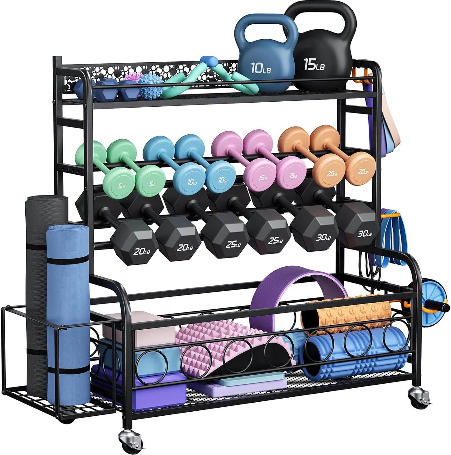 Dumbbell Rack, Adjustable Weight Rack for Home Gym, Home Gym Storage Rack for Yoga Mat Kettlebells and Strength Training Equipment, Weight Storage Rack for Dumbbells with Wheels
