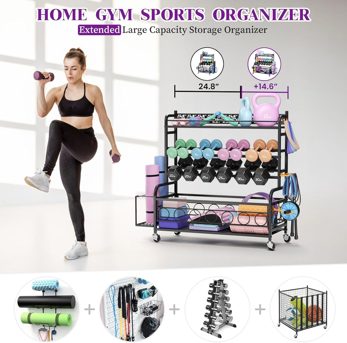 Dumbbell Rack, Adjustable Weight Rack for Home Gym, Home Gym Storage Rack for Yoga Mat Kettlebells and Strength Training Equipment, Weight Storage Rack for Dumbbells with Wheels
