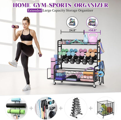 Dumbbell Rack, Adjustable Weight Rack for Home Gym, Home Gym Storage Rack for Yoga Mat Kettlebells and Strength Training Equipment, Weight Storage Rack for Dumbbells with Wheels