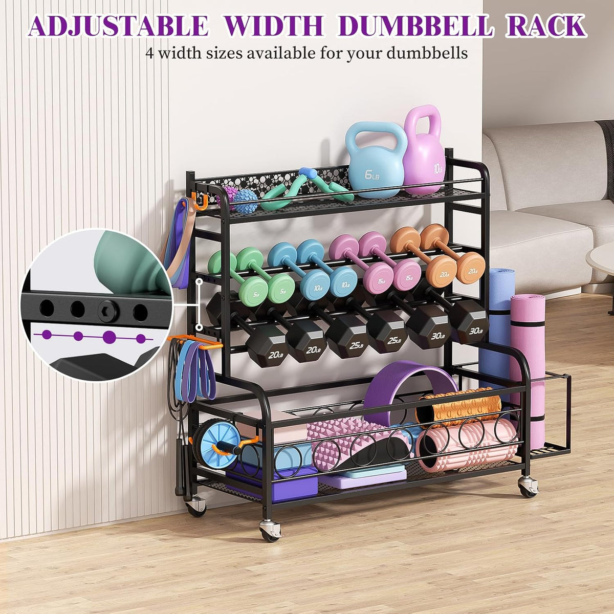 Dumbbell Rack, Adjustable Weight Rack for Home Gym, Home Gym Storage Rack for Yoga Mat Kettlebells and Strength Training Equipment, Weight Storage Rack for Dumbbells with Wheels