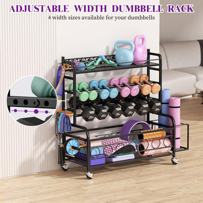 Dumbbell Rack, Adjustable Weight Rack for Home Gym, Home Gym Storage Rack for Yoga Mat Kettlebells and Strength Training Equipment, Weight Storage Rack for Dumbbells with Wheels