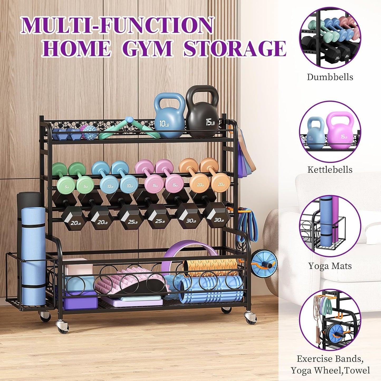 Dumbbell Rack, Adjustable Weight Rack for Home Gym, Home Gym Storage Rack for Yoga Mat Kettlebells and Strength Training Equipment, Weight Storage Rack for Dumbbells with Wheels