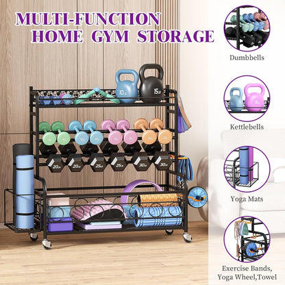 Dumbbell Rack, Adjustable Weight Rack for Home Gym, Home Gym Storage Rack for Yoga Mat Kettlebells and Strength Training Equipment, Weight Storage Rack for Dumbbells with Wheels