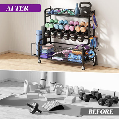 Dumbbell Rack, Adjustable Weight Rack for Home Gym, Home Gym Storage Rack for Yoga Mat Kettlebells and Strength Training Equipment, Weight Storage Rack for Dumbbells with Wheels