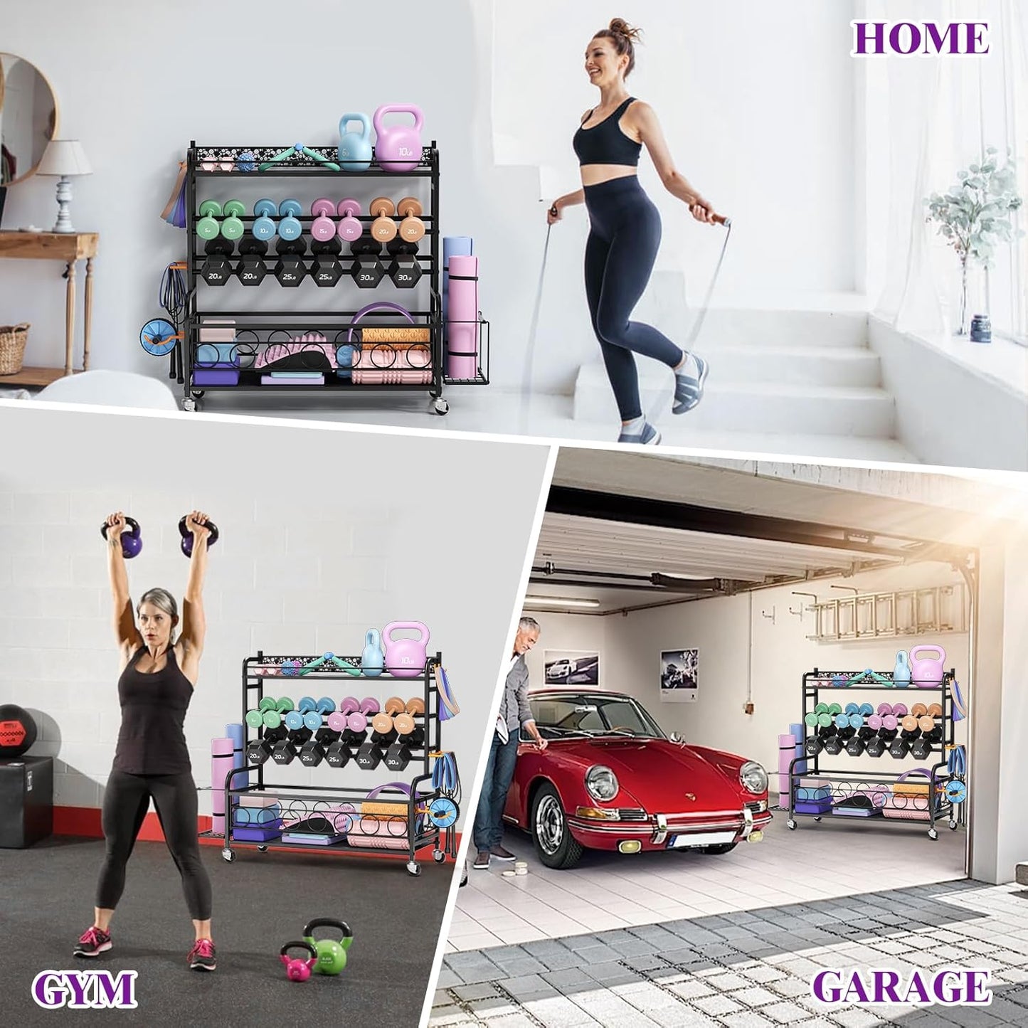 Dumbbell Rack, Adjustable Weight Rack for Home Gym, Home Gym Storage Rack for Yoga Mat Kettlebells and Strength Training Equipment, Weight Storage Rack for Dumbbells with Wheels