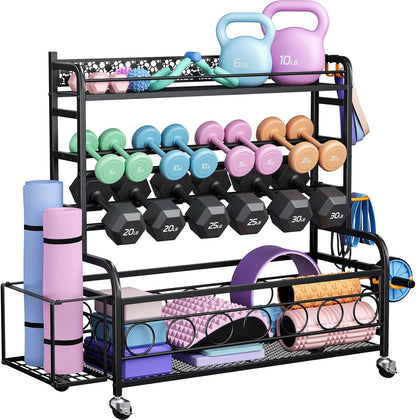 Dumbbell Rack, Adjustable Weight Rack for Home Gym, Home Gym Storage Rack for Yoga Mat Kettlebells and Strength Training Equipment, Weight Storage Rack for Dumbbells with Wheels