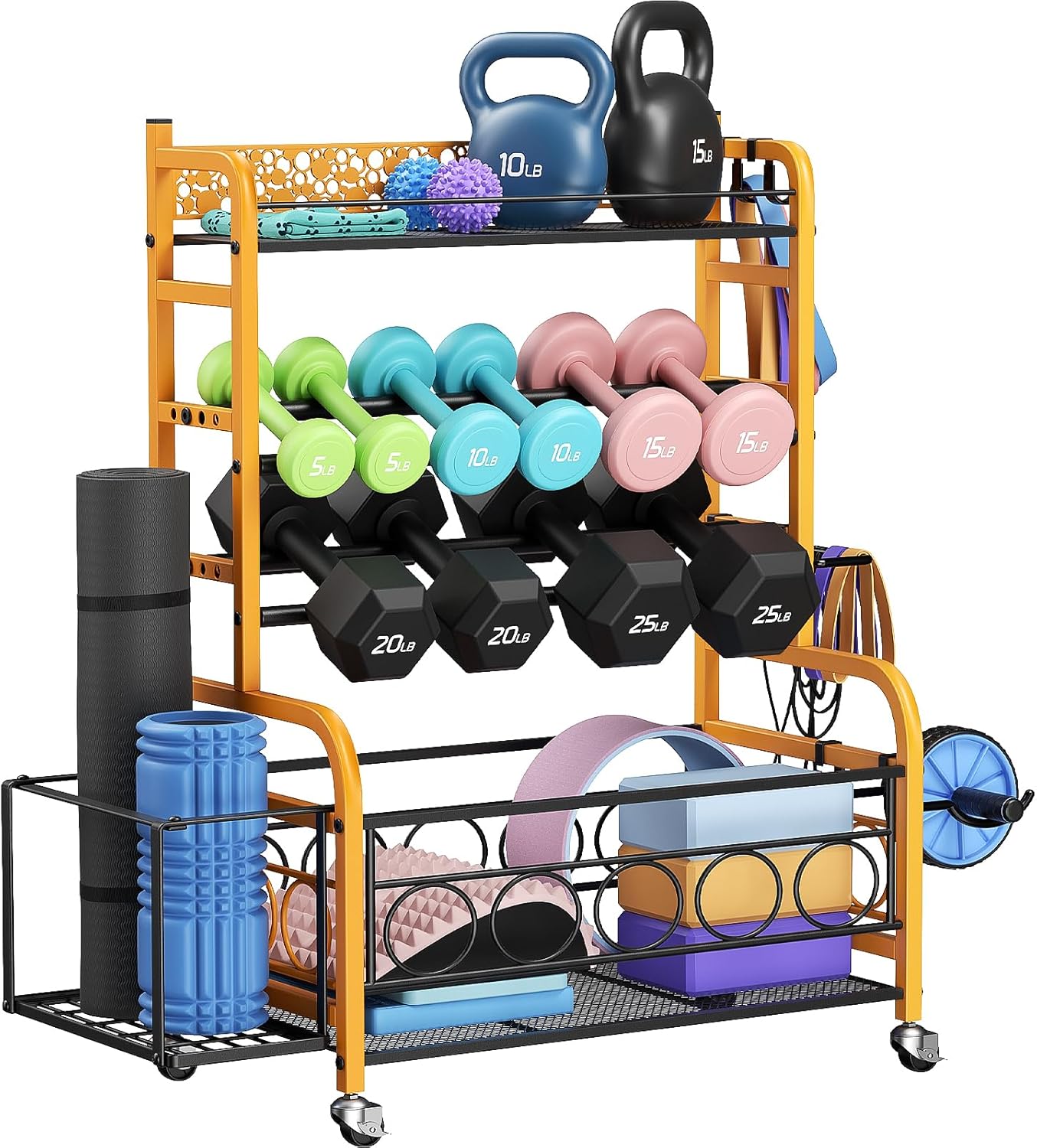 Dumbbell Rack, Adjustable Weight Rack for Home Gym, Home Gym Storage Rack for Yoga Mat Kettlebells and Strength Training Equipment, Weight Storage Rack for Dumbbells with Wheels