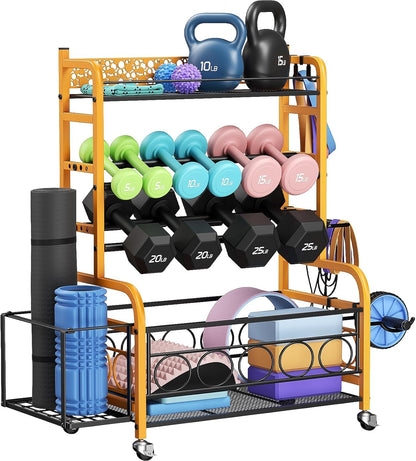 Dumbbell Rack, Adjustable Weight Rack for Home Gym, Home Gym Storage Rack for Yoga Mat Kettlebells and Strength Training Equipment, Weight Storage Rack for Dumbbells with Wheels