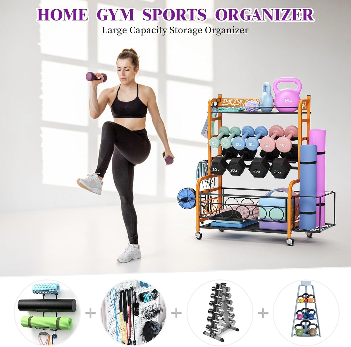 Dumbbell Rack, Adjustable Weight Rack for Home Gym, Home Gym Storage Rack for Yoga Mat Kettlebells and Strength Training Equipment, Weight Storage Rack for Dumbbells with Wheels