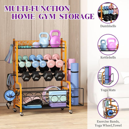 Dumbbell Rack, Adjustable Weight Rack for Home Gym, Home Gym Storage Rack for Yoga Mat Kettlebells and Strength Training Equipment, Weight Storage Rack for Dumbbells with Wheels