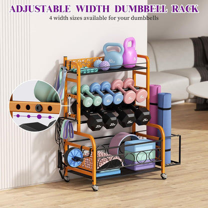 Dumbbell Rack, Adjustable Weight Rack for Home Gym, Home Gym Storage Rack for Yoga Mat Kettlebells and Strength Training Equipment, Weight Storage Rack for Dumbbells with Wheels