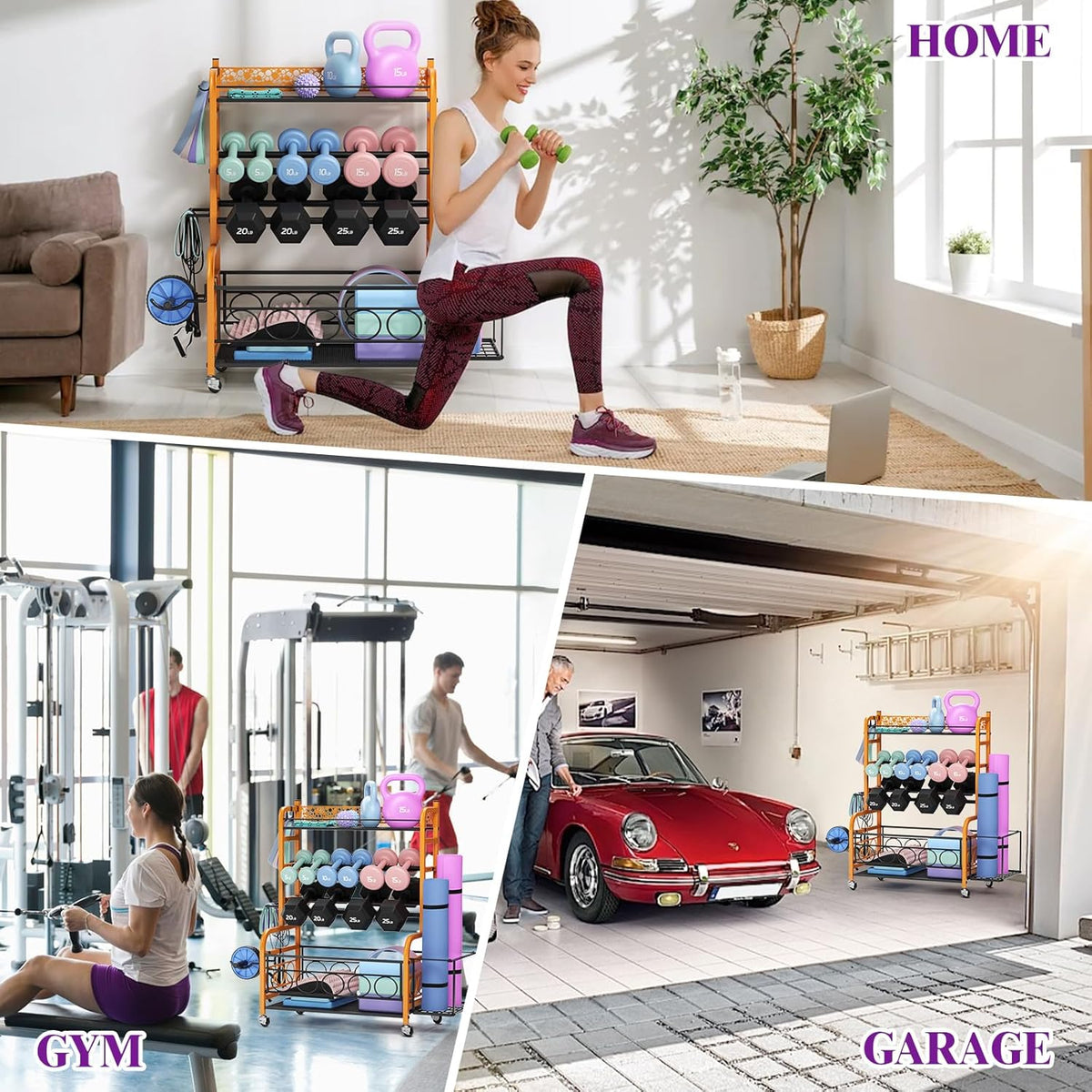 Dumbbell Rack, Adjustable Weight Rack for Home Gym, Home Gym Storage Rack for Yoga Mat Kettlebells and Strength Training Equipment, Weight Storage Rack for Dumbbells with Wheels