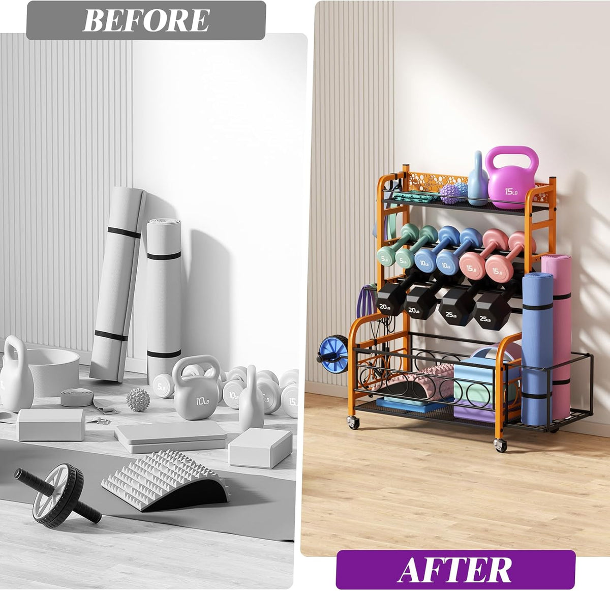 Dumbbell Rack, Adjustable Weight Rack for Home Gym, Home Gym Storage Rack for Yoga Mat Kettlebells and Strength Training Equipment, Weight Storage Rack for Dumbbells with Wheels
