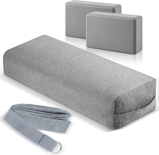 4 Pcs Yoga Bolster Pillows Blocks with Strap Set Comfortable Meditation Pillow with Carry Handle for Restorative Non Slip Reusable Yoga Blocks for Balance, Pilates, Washable Cover