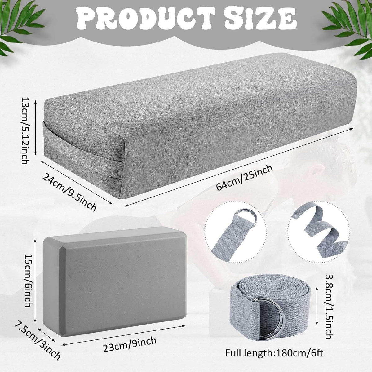 4 Pcs Yoga Bolster Pillows Blocks with Strap Set Comfortable Meditation Pillow with Carry Handle for Restorative Non Slip Reusable Yoga Blocks for Balance, Pilates, Washable Cover