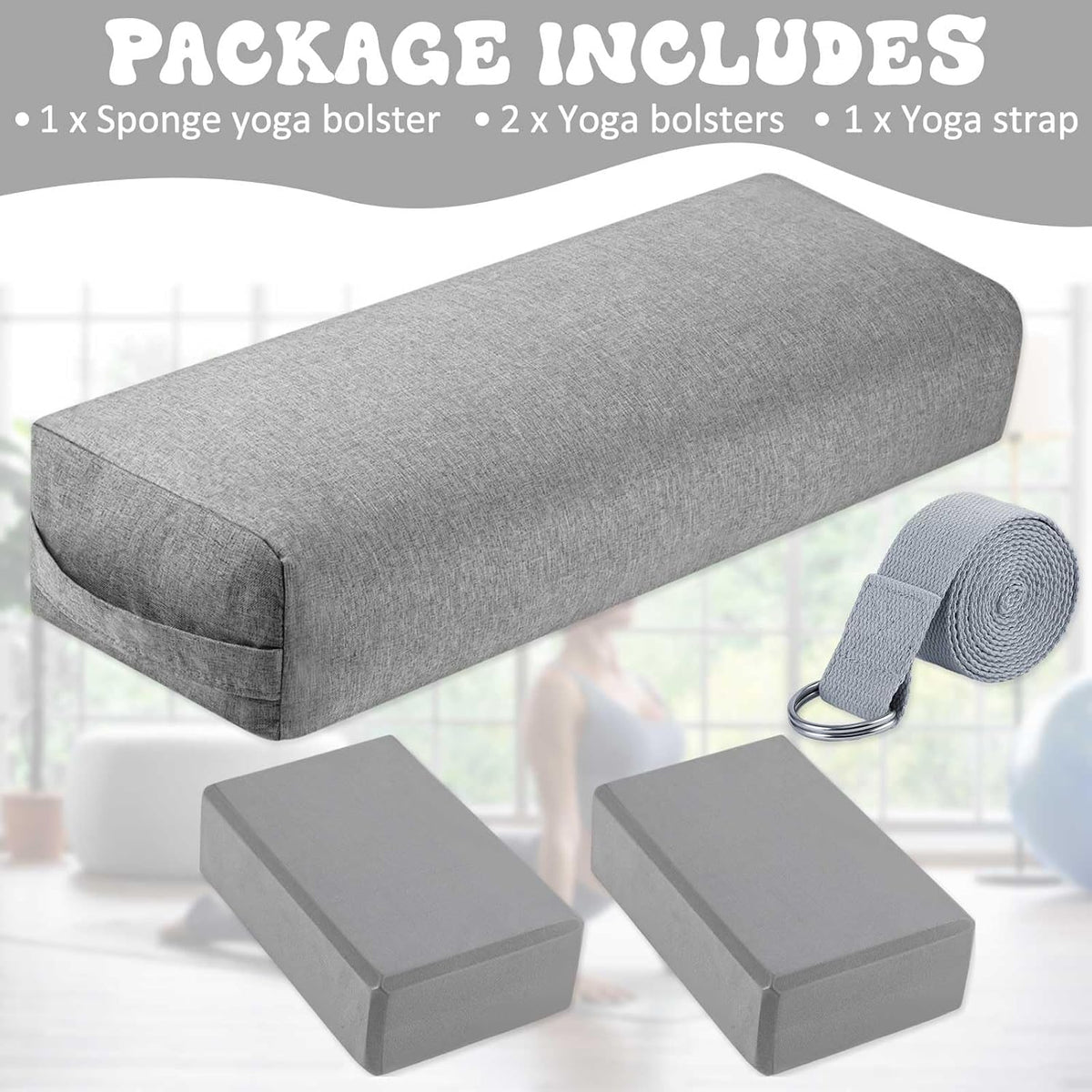 4 Pcs Yoga Bolster Pillows Blocks with Strap Set Comfortable Meditation Pillow with Carry Handle for Restorative Non Slip Reusable Yoga Blocks for Balance, Pilates, Washable Cover
