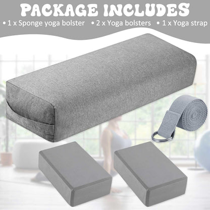 4 Pcs Yoga Bolster Pillows Blocks with Strap Set Comfortable Meditation Pillow with Carry Handle for Restorative Non Slip Reusable Yoga Blocks for Balance, Pilates, Washable Cover