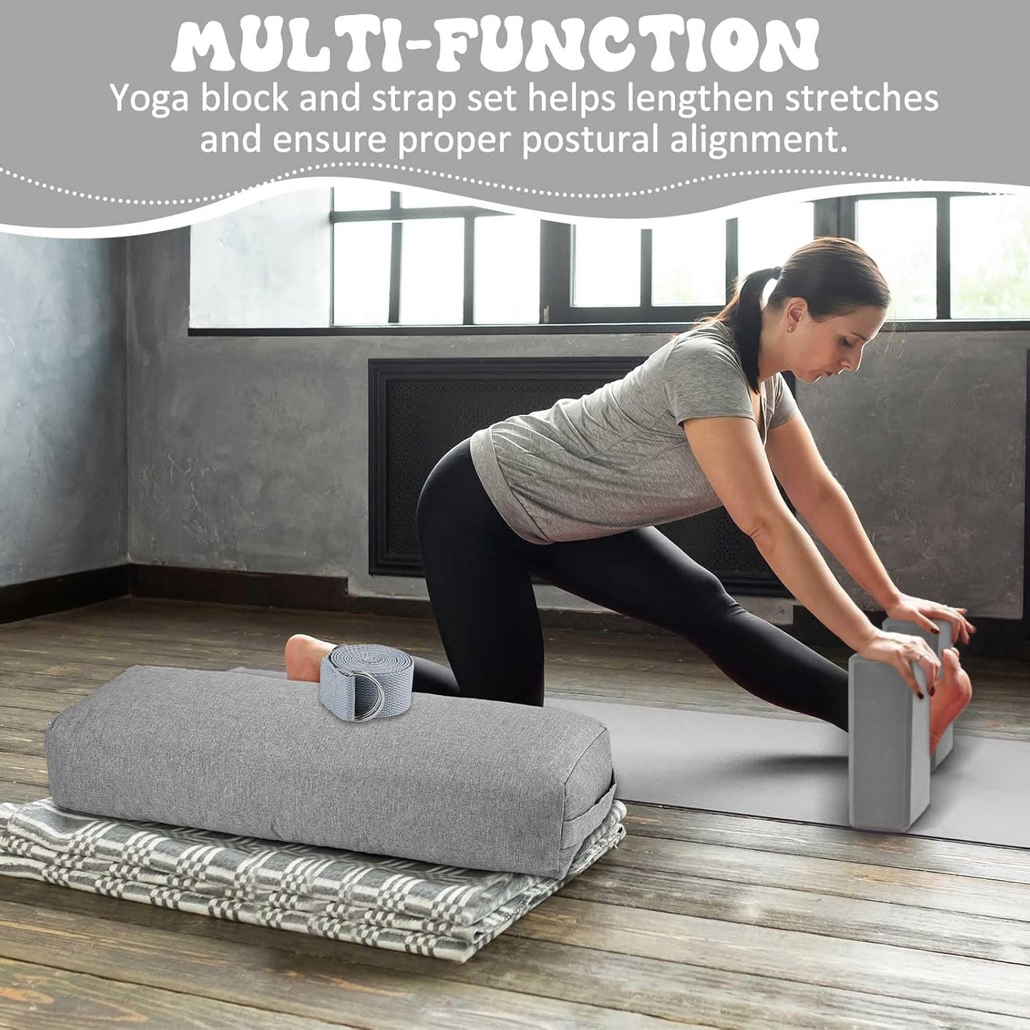 4 Pcs Yoga Bolster Pillows Blocks with Strap Set Comfortable Meditation Pillow with Carry Handle for Restorative Non Slip Reusable Yoga Blocks for Balance, Pilates, Washable Cover