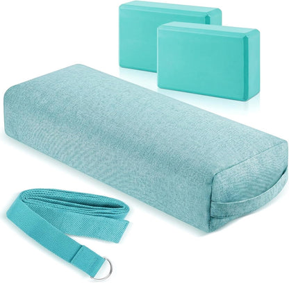 4 Pcs Yoga Bolster Pillows Blocks with Strap Set Comfortable Meditation Pillow with Carry Handle for Restorative Non Slip Reusable Yoga Blocks for Balance, Pilates, Washable Cover